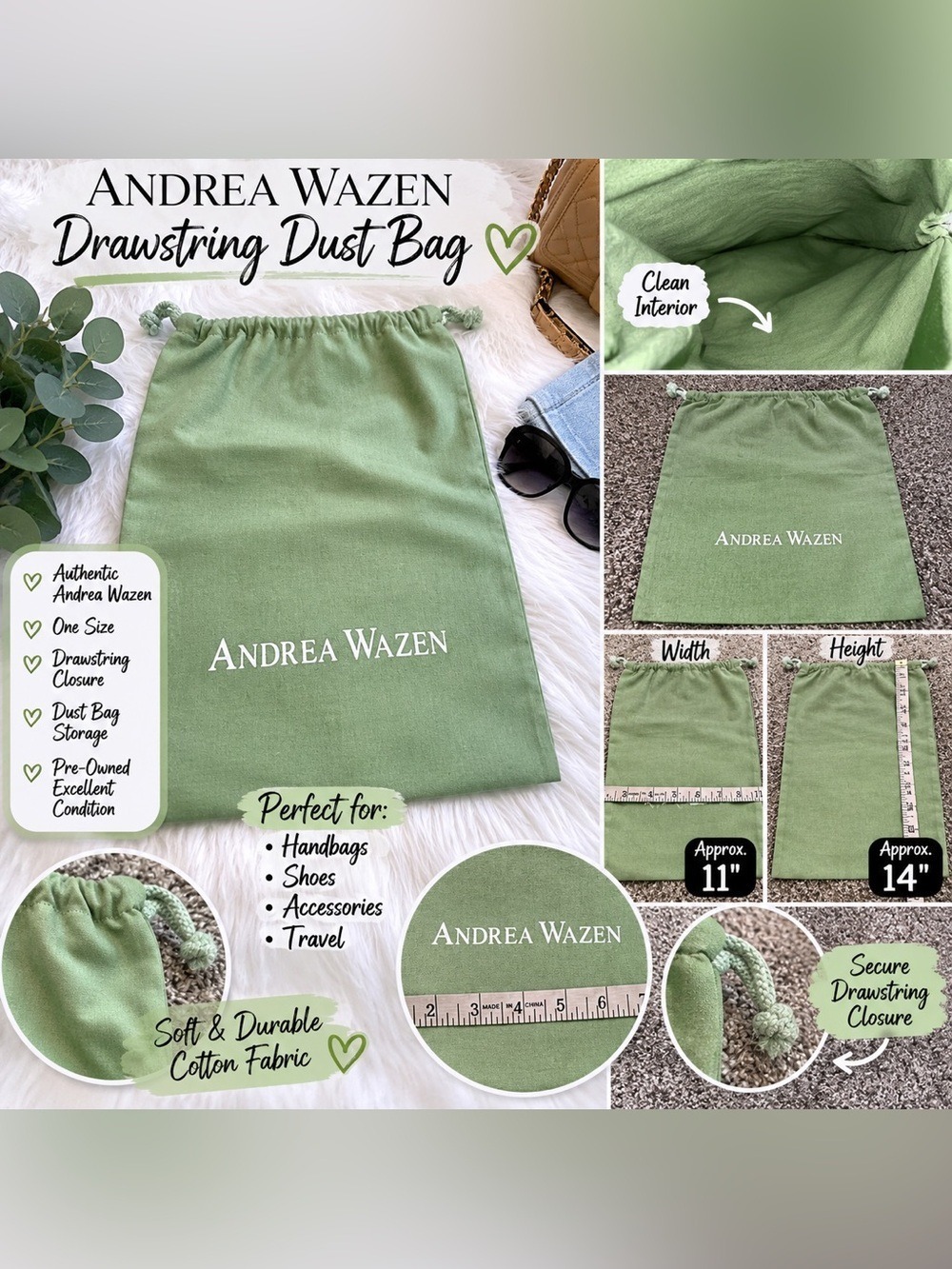 Andrea Wazen Sage Green Drawstring Dust Bag Storage Pouch Travel Organizer